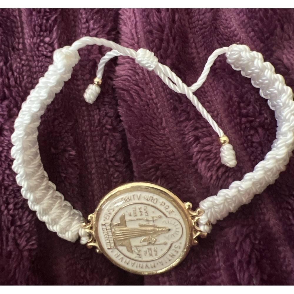 Saint Benedict San Benito White Enamel & Gold Tone Braided Bracelet Adjustable
